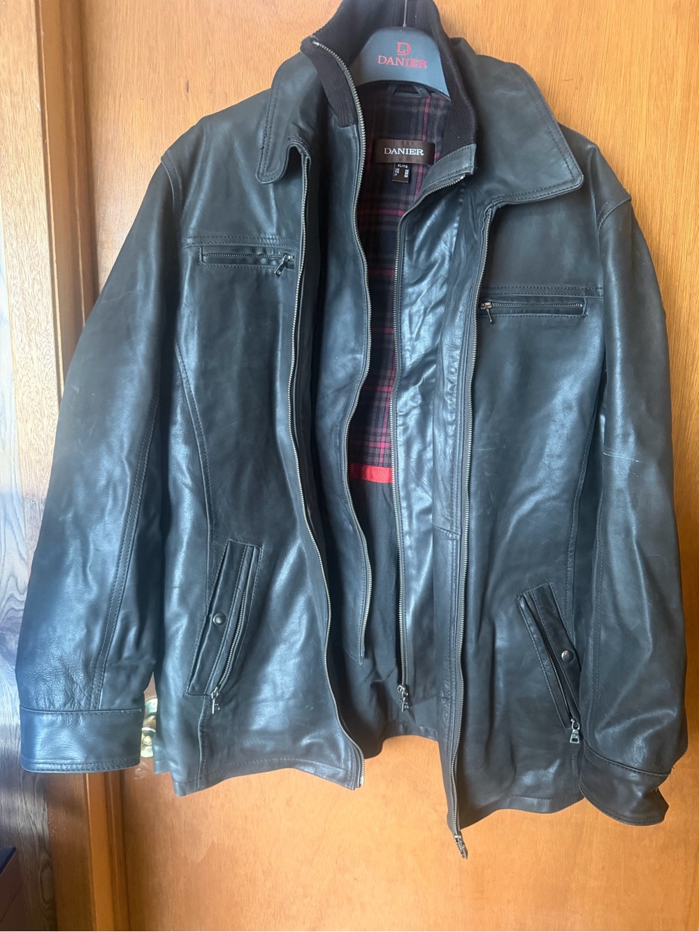 Danier Black Leather Bomber Jacket with Plaid Liner